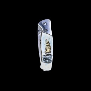 Scrimshaw Ship and Lighthouse Black/White Design Scrimshaw Collection Marlin  Spike with Folding Knife