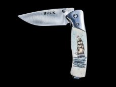 Colored Etched Ship Buck 835 Folding Selkirk Pocket Knife. Etched, Bovine Bone