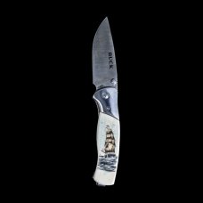 Colored Etched Ship Buck 835 Folding Selkirk Pocket Knife. Etched, Bovine Bone