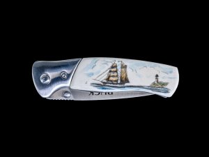 Colored Etched Ship and Light Buck 835 Folding Selkirk Pocket Knife. Etched, Bovine Bone