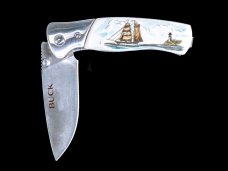 Colored Etched Ship and Light Buck 835 Folding Selkirk Pocket Knife. Etched, Bovine Bone