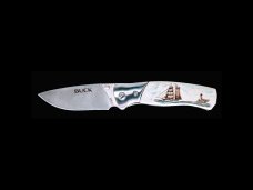 Colored Etched Ship and Light Buck 835 Folding Selkirk Pocket Knife. Etched, Bovine Bone