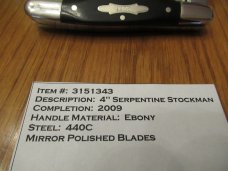 Canal Street Cutlery Ebony 4" Serpentine Stockman # 3151343 Made for AAPK