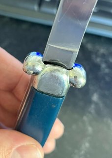 Super Automatic Out The Front, Blue Handle, Hard To Find Variation, Marked STAINLESS STEEL, Used 