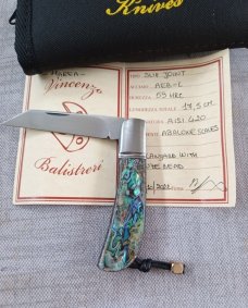 Vincenzo Balistreri Abalone Marea Slipjoint..3.75" clsd..interior lanyard pin..filework..coa and sl