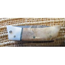 Handmade unsigned Damascus folding knife with burl and off-white handle