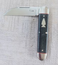 K'roo Wharnie Sleeveboard,3.75"cld..Rwl34 long pull..Denim micarta and red accents..Arrowhead Shield