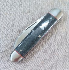 K'roo Wharnie Sleeveboard,3.75"cld..Rwl34 long pull..Denim micarta and red accents..Arrowhead Shield