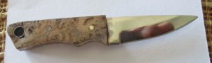 Small, unsigned, handmade fixed-blade knife, burl-wood handle
