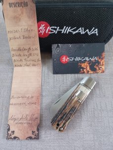 Ishikawa Tailored Knives Stag  Sheepsfoot Barlow Lockback..440C...4" closed..3" blade..Coa and pouch