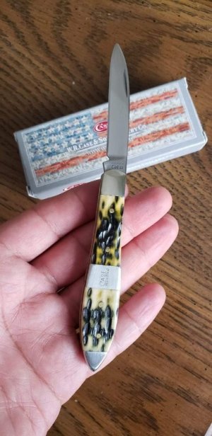 Case xx TB61028 SS,Olive Green Bone Peach Seed Jig Teardrop knife