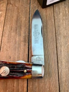 Queen Tear Drop Jack Linerlock Amber Carved Stag Bone D2 Tool Steel Blade, Gorgeous!