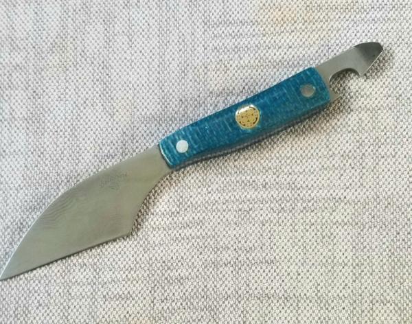 Vincenzo Balistreri Blue Burlap Micarta fixed..Damascus.bottle opener..jimping and choil.6.75" OAL  