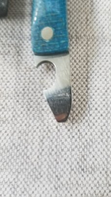 Vincenzo Balistreri Blue Burlap Micarta fixed..Damascus.bottle opener..jimping and choil.6.75" OAL  