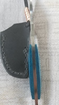 Vincenzo Balistreri Blue Burlap Micarta fixed..Damascus.bottle opener..jimping and choil.6.75" OAL  