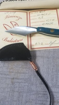 Vincenzo Balistreri Blue Burlap Micarta fixed..Damascus.bottle opener..jimping and choil.6.75" OAL  