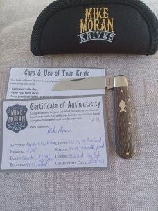 Mike Moran Straight Sheepsfoot Jack..Bog Oak scales..Beadblasted A2..3 7/8" closed..coa,.pouch.