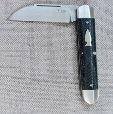 K'roo Wharnie Sleeveboard,3.75"cld..N690 long pull..Denim micarta and Arrowhead Shield..coa&slip