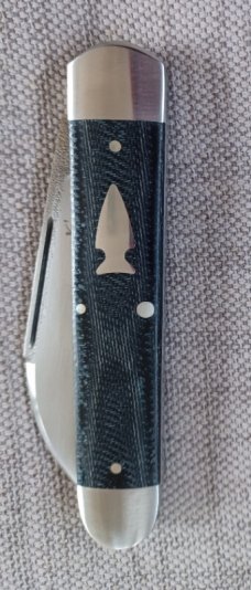 K'roo Wharnie Sleeveboard,3.75"cld..N690 long pull..Denim micarta and Arrowhead Shield..coa&slip