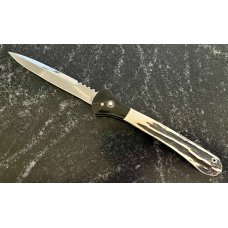 Large James Huckeba (Huck) Switchblade, Amazing Stag Handle, Mirror Polished Dagger Blade, Unused