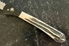 Large James Huckeba (Huck) Switchblade, Amazing Stag Handle, Mirror Polished Dagger Blade, Unused 