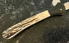 Large James Huckeba (Huck) Switchblade, Amazing Stag Handle, Mirror Polished Dagger Blade, Unused 