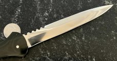 Large James Huckeba (Huck) Switchblade, Amazing Stag Handle, Mirror Polished Dagger Blade, Unused 