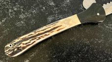 Large James Huckeba (Huck) Switchblade, Amazing Stag Handle, Mirror Polished Dagger Blade, Unused 