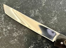 James Huckeba (Huck) Switchblade, Great Stag Handle, Nice Mirror Polished Tanto Blade, Unused 