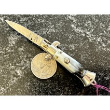 4 Inch Miniature Switchblade Knife, Made In Italy, White & Black Plastic Handle, Unused