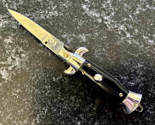 4 Inch Miniature Switchblade Knife, Made In Italy, Black Plastic Handle, Used  