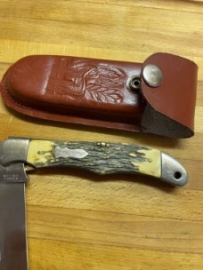  Vintage USA Schrade 127UH Folding Hunter knife with leather sheath 