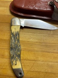  Vintage USA Schrade 127UH Folding Hunter knife with leather sheath 