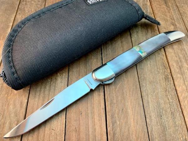 A.G. Russell Arkansas Toothpick Black Lip Mother of Pearl ATS-34 Bolster Lock A.G. Russell Arkansas Toothpick Black Lip Mother of Pearl ATS-34 Bolster Lock