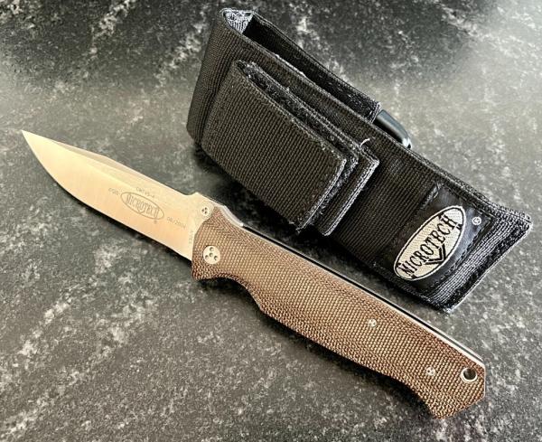 Rare Microtech CMTX5 - A, Dual Action Function, Micarta Handle, 2 Tone Blade, Original Sheath 
