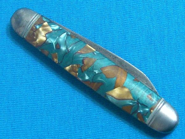 VINTAGE BROWN BLUE RED SILVER STRIPE TRICKLOCK TRICK LOCK NOVELTY FOLDING POCKET KNIFE KNIVES OLD