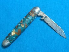 VINTAGE BROWN BLUE RED SILVER STRIPE TRICKLOCK TRICK LOCK NOVELTY FOLDING POCKET KNIFE KNIVES OLD