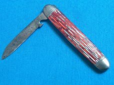 VINTAGE BROWN BLUE RED SILVER STRIPE TRICKLOCK TRICK LOCK NOVELTY FOLDING POCKET KNIFE KNIVES OLD