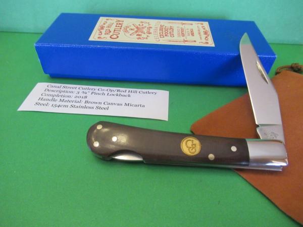Canal Street Cutlery Co-Op/Red Hill Cutlery Brown Canvas Micarta 1 of 25 Made Pinch Lockback  154CM