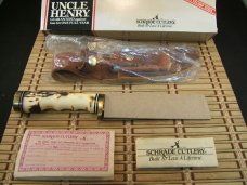 SCHRADE UNCLE HENRY 153UH GOLDEN SPIKE 1980'S HIGH CARBON STEEL USA KNIFE, SHEATH, STONE, BOX, PAPER