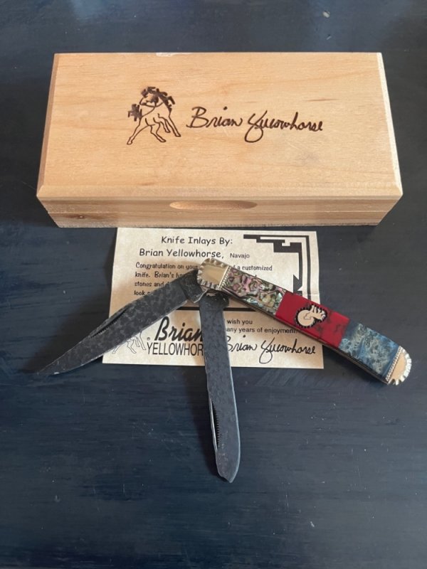 Case Brian Yellowhorse Native Steel Trapper with Burl, Paua and Coral inlay 1/100