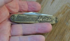 Winchester 2 Blade Bronze Handle USA Made Mint 3 1/2" Closed Train Robbery Scene