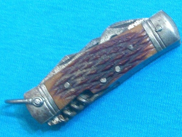 VINTAGE JAPAN BONE HANDLE POCKET WATCH FOB KEYCHAIN MINI BABY HOBO FOLDING POCKET KNIFE KNIVES OLD