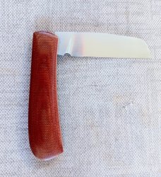 Tinus Stone Blood Orange Micarta Sheepsfoot,black liners and N690,4" closed.Coa..pocket slip..pouch 