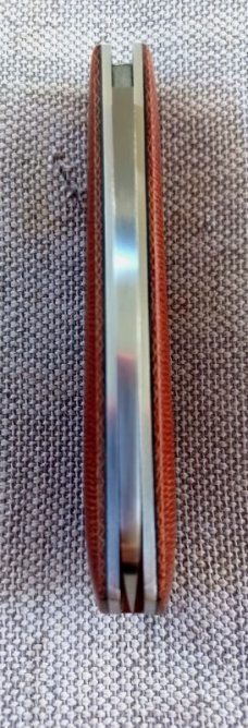 Tinus Stone Blood Orange Micarta Sheepsfoot,black liners and N690,4" closed.Coa..pocket slip..pouch 