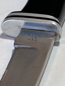 Buck 105, Inverted, 3 line stamp. 1972-1973. Used with sheath