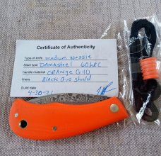 Jeff Pearce Medium Nessie Ultralight..3.5 " closed..Damasteel blade and backspring..Orange G10..coa