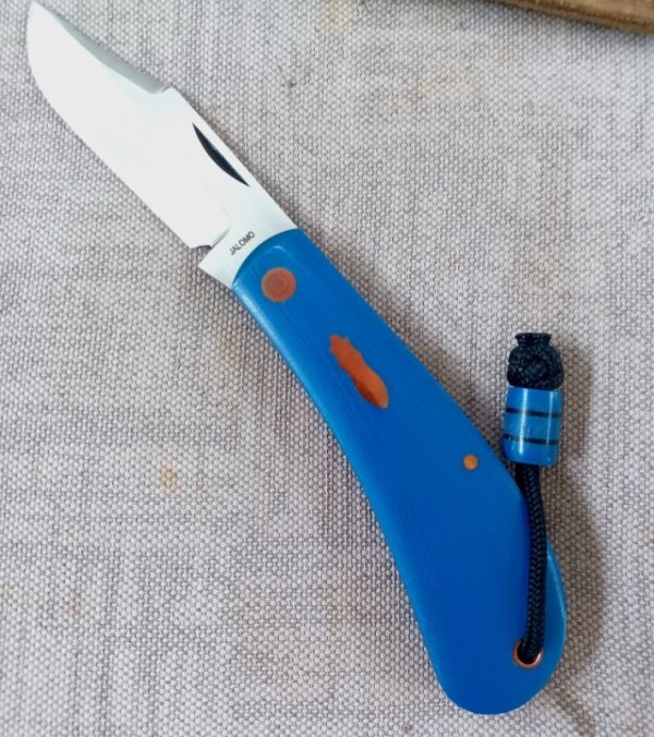 Pepe Jalomo Large Lanny Clip Shadow..4.5 closed...Blue Linen Micarta with Copper Accents..Cpm154 