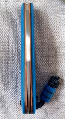 Pepe Jalomo Large Lanny Clip Shadow..4.5 closed...Blue Linen Micarta with Copper Accents..Cpm154 