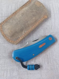 Pepe Jalomo Large Lanny Clip Shadow..4.5 closed...Blue Linen Micarta with Copper Accents..Cpm154 